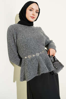 Volanlı Yumoş Triko Kazak Füme - VANİZA TRİKO