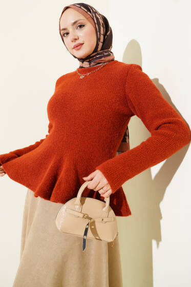 Volanlı Yumoş Triko Kazak Kiremit - Triko Kazak