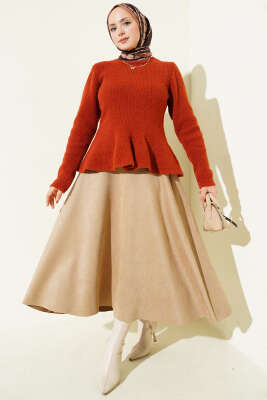 Volanlı Yumoş Triko Kazak Kiremit - Triko Kazak