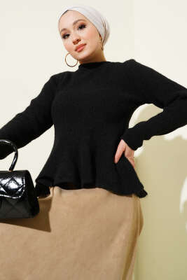 Volanlı Yumoş Triko Kazak Siyah - VANİZA TRİKO
