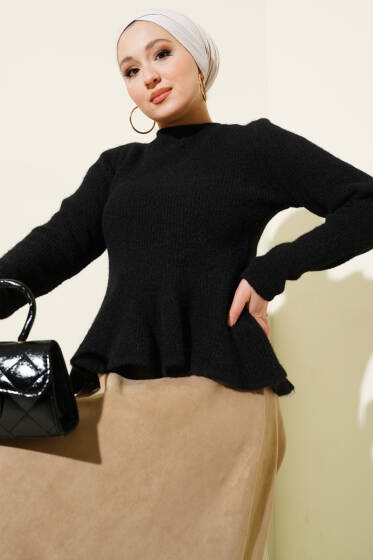 Volanlı Yumoş Triko Kazak Siyah - Triko Kazak