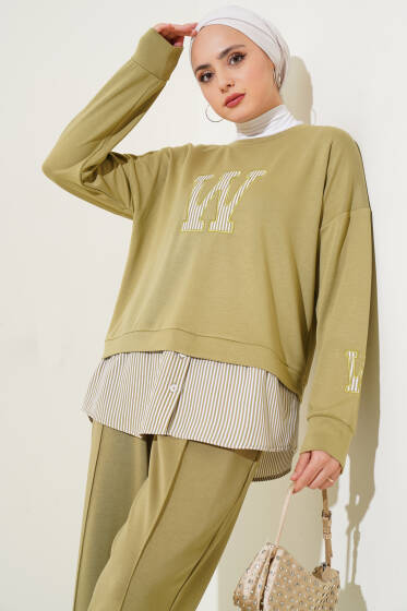 W Baskılı Çizgi Garnili İkili Takım Çağla Yeşili - İkili Takım