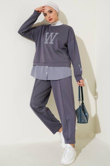 W Baskılı Çizgi Garnili İkili Takım Kayrak Grisi - İkili Takım
