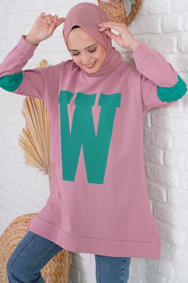 W Baskılı Kolları Şeritli Gül Kurusu Tunik - Spor Tunik