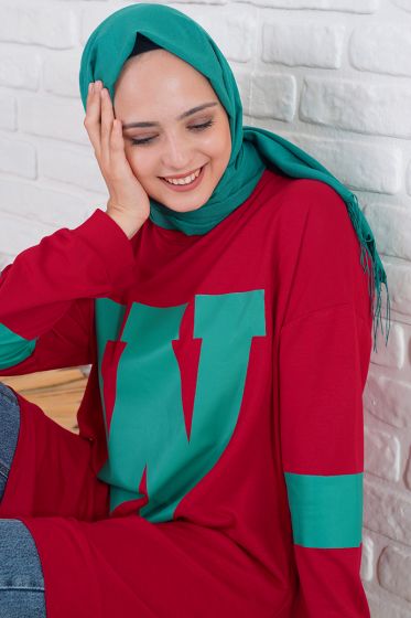 W Baskılı Kolları Şeritli Kırmızı Tunik - Spor Tunik