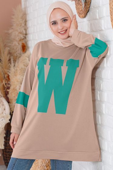 W Baskılı Kolları Şeritli Latte Tunik - Spor Tunik
