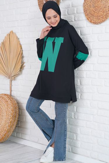 W Baskılı Kolları Şeritli Siyah Tunik - Spor Tunik