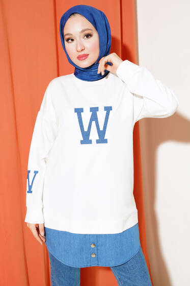 	 W Nakışlı İki İplik Tunik Ekru - Tunik