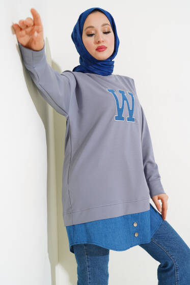 W Nakışlı İki İplik Tunik Kayrak Grisi - Tunik