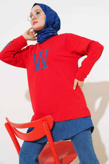 W Nakışlı İki İplik Tunik Kırmızı - Tunik