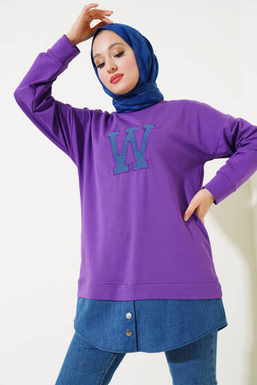 W Nakışlı İki İplik Tunik Menekşe - Tunik