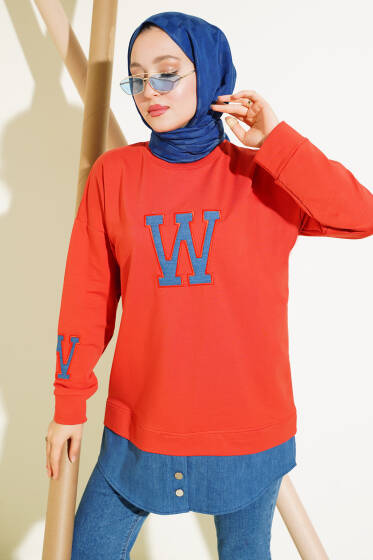 W Nakışlı İki İplik Tunik Oranj - Tunik