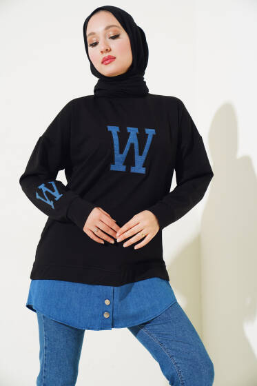 W Nakışlı İki İplik Tunik Siyah - Tunik