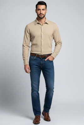 Waffle Desen Erkek Gömlek Bej - Erkek Gömlek