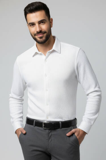 Waffle Desen Erkek Gömlek Ekru - Erkek Gömlek