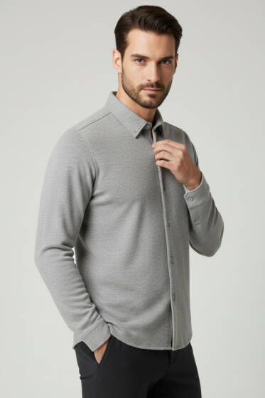 Waffle Desen Erkek Gömlek Gri - Erkek Gömlek