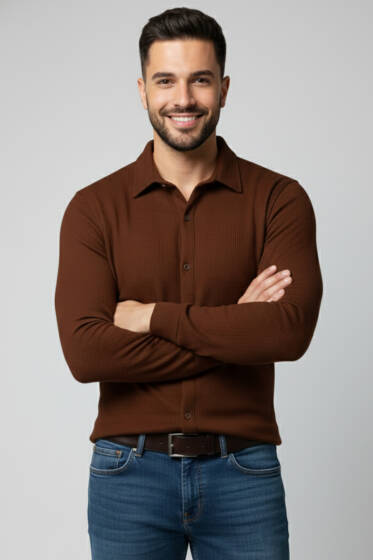 Waffle Desen Erkek Gömlek Kahve - Erkek Gömlek