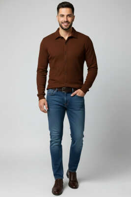 Waffle Desen Erkek Gömlek Kahve - Erkek Gömlek