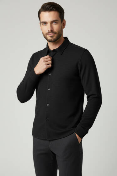 Waffle Desen Erkek Gömlek Siyah - Erkek Gömlek