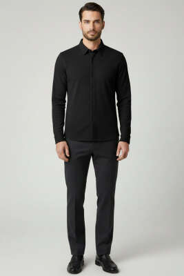 Waffle Desen Erkek Gömlek Siyah - Erkek Gömlek