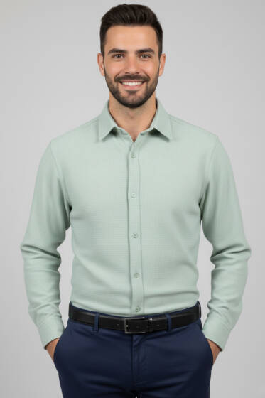 Waffle Desen Erkek Gömlek Su Yeşili - Erkek Gömlek