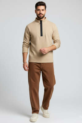 Waffle Fermuarlı Erkek Sweatshirt Bej - Yılın Fırsatı