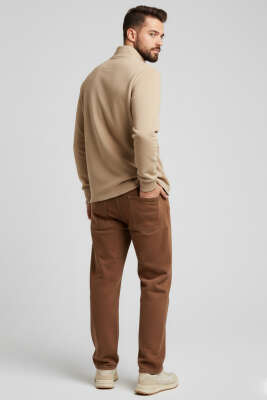 Waffle Fermuarlı Erkek Sweatshirt Bej - Yılın Fırsatı