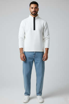 Waffle Fermuarlı Erkek Sweatshirt Ekru - Yılın Fırsatı