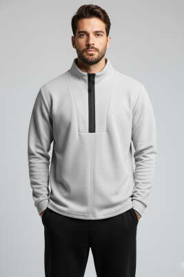 Waffle Fermuarlı Erkek Sweatshirt Gri - Erkek Sweatshirt