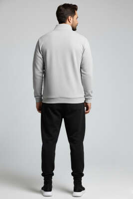 Waffle Fermuarlı Erkek Sweatshirt Gri - Erkek Sweatshirt