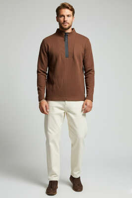 Waffle Fermuarlı Erkek Sweatshirt Kahve 