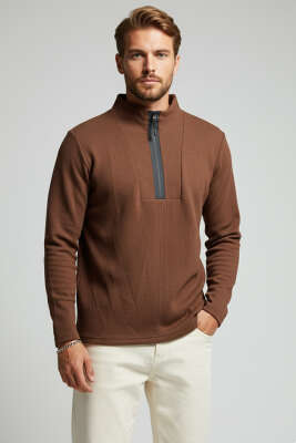 Waffle Fermuarlı Erkek Sweatshirt Kahve - Yılın Fırsatı