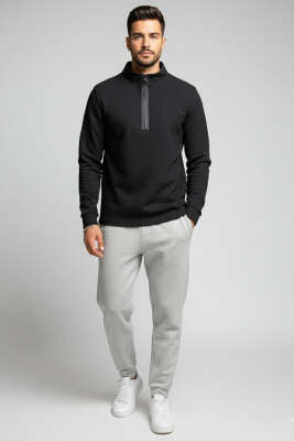 Waffle Fermuarlı Erkek Sweatshirt Siyah - Erkek Sweatshirt