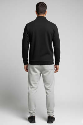 Waffle Fermuarlı Erkek Sweatshirt Siyah - Erkek Sweatshirt