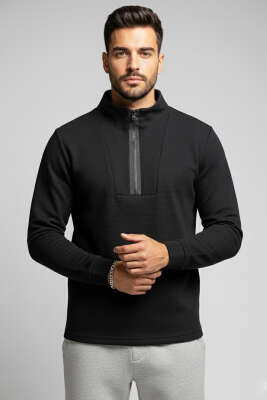 Waffle Fermuarlı Erkek Sweatshirt Siyah 