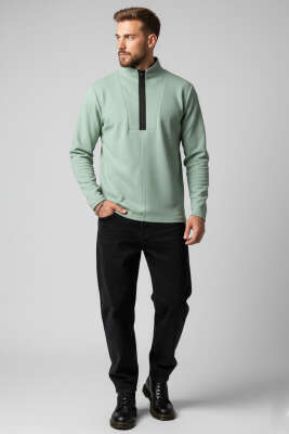 Waffle Fermuarlı Erkek Sweatshirt Su Yeşili - Erkek Sweatshirt