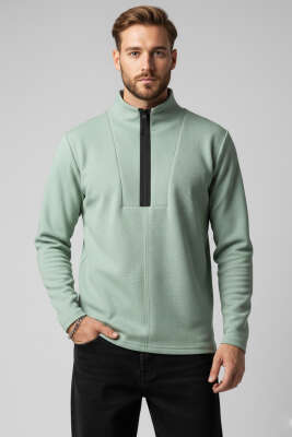 Waffle Fermuarlı Erkek Sweatshirt Su Yeşili