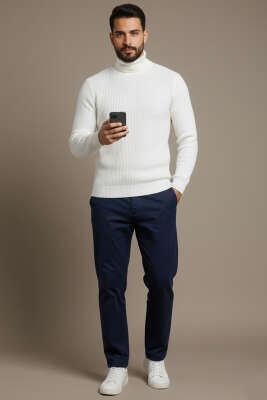 Waffle Kumaş Balıkçı Yaka Erkek Kazak Ekru - Erkek Kazak