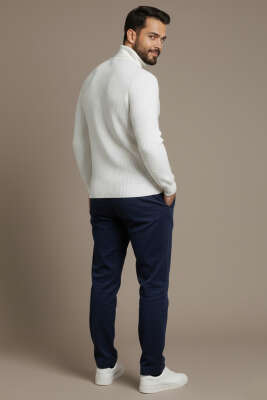 Waffle Kumaş Balıkçı Yaka Erkek Kazak Ekru - Erkek Kazak