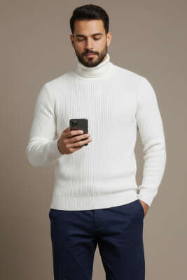 Waffle Kumaş Balıkçı Yaka Erkek Kazak Ekru - YNR YENER TRİKO