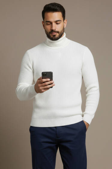 Waffle Kumaş Balıkçı Yaka Erkek Kazak Ekru - Erkek Kazak