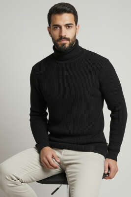 Waffle Kumaş Balıkçı Yaka Erkek Kazak Siyah - YNR YENER TRİKO