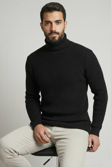 Waffle Kumaş Balıkçı Yaka Erkek Kazak Siyah - Erkek Kazak