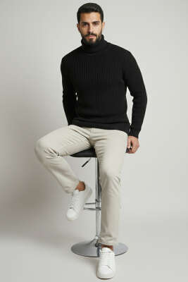 Waffle Kumaş Balıkçı Yaka Erkek Kazak Siyah - Erkek Kazak