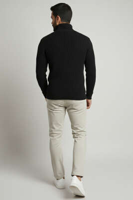 Waffle Kumaş Balıkçı Yaka Erkek Kazak Siyah - Erkek Kazak