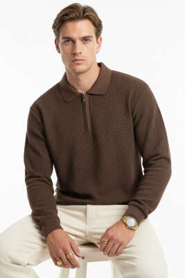Waffle Kumaş Polo Yaka Erkek Sweatshirt Kahve 