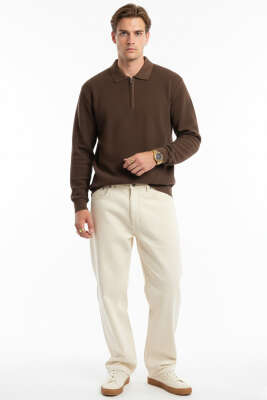 Waffle Kumaş Polo Yaka Erkek Sweatshirt Kahve - Erkek Sweatshirt