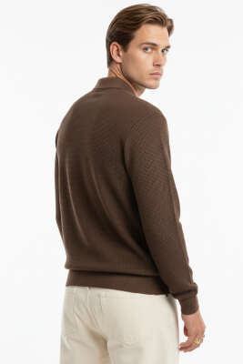 Waffle Kumaş Polo Yaka Erkek Sweatshirt Kahve - Erkek Sweatshirt