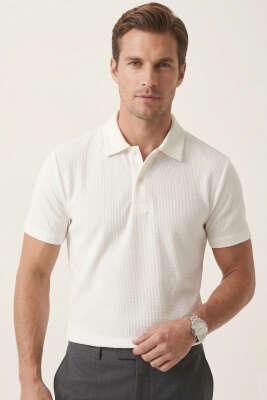 Waffle Kumaş Polo Yaka Erkek T-shirt Ekru 