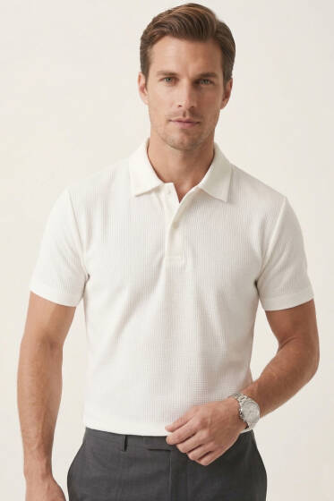 Waffle Kumaş Polo Yaka Erkek T-shirt Ekru - Erkek T-shirt